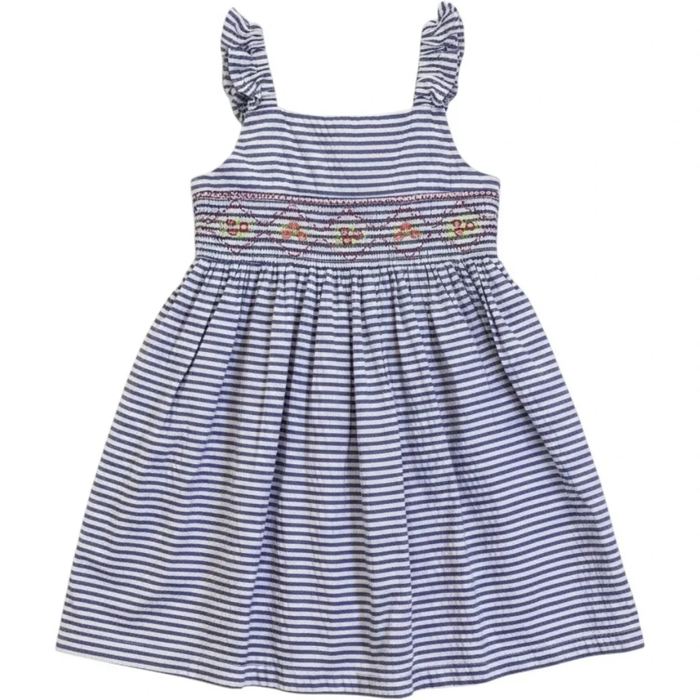 Bonnie Jean Girls Dress Blue White Striped Smocked Embroidery Ruffle Stripe - 4T